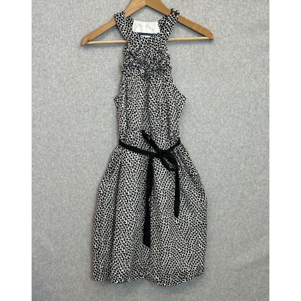 Emmelee Tank Dress High Ruffle Neck Black White Leaf Belted Cotton Size Small